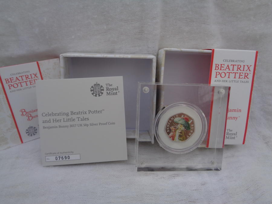 Beatrix Potter Benjamin Bunny Coloured Silver Proof 50pence