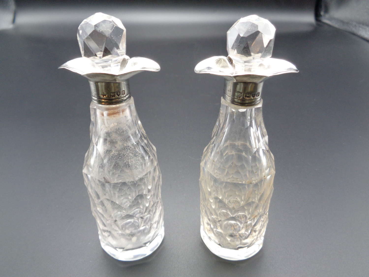Victorian Pair Silver Collared Scent Bottles
