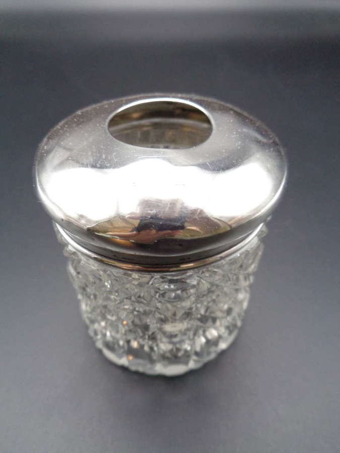 Edwardian Solid Silver Topped Cut Glass Jar / Hair Tidy