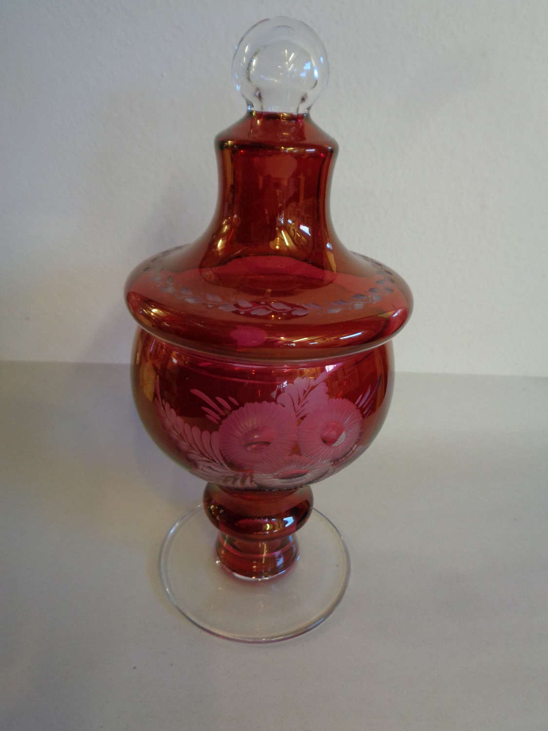 Cranberry Glass Etched Jar with Lid