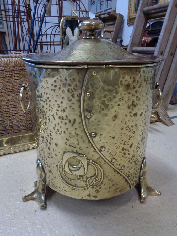 Art Nouveau Brass Coal Bucket, Lid & Original Liner