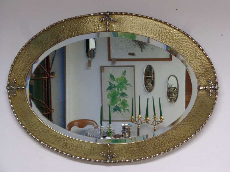 Arts & Crafts Brass Framed Oval Bevelled Mirror