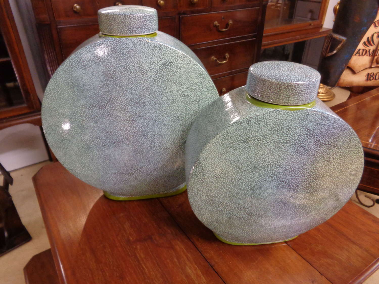 Pair Sharkskin Style Ceramic Moon Flasks