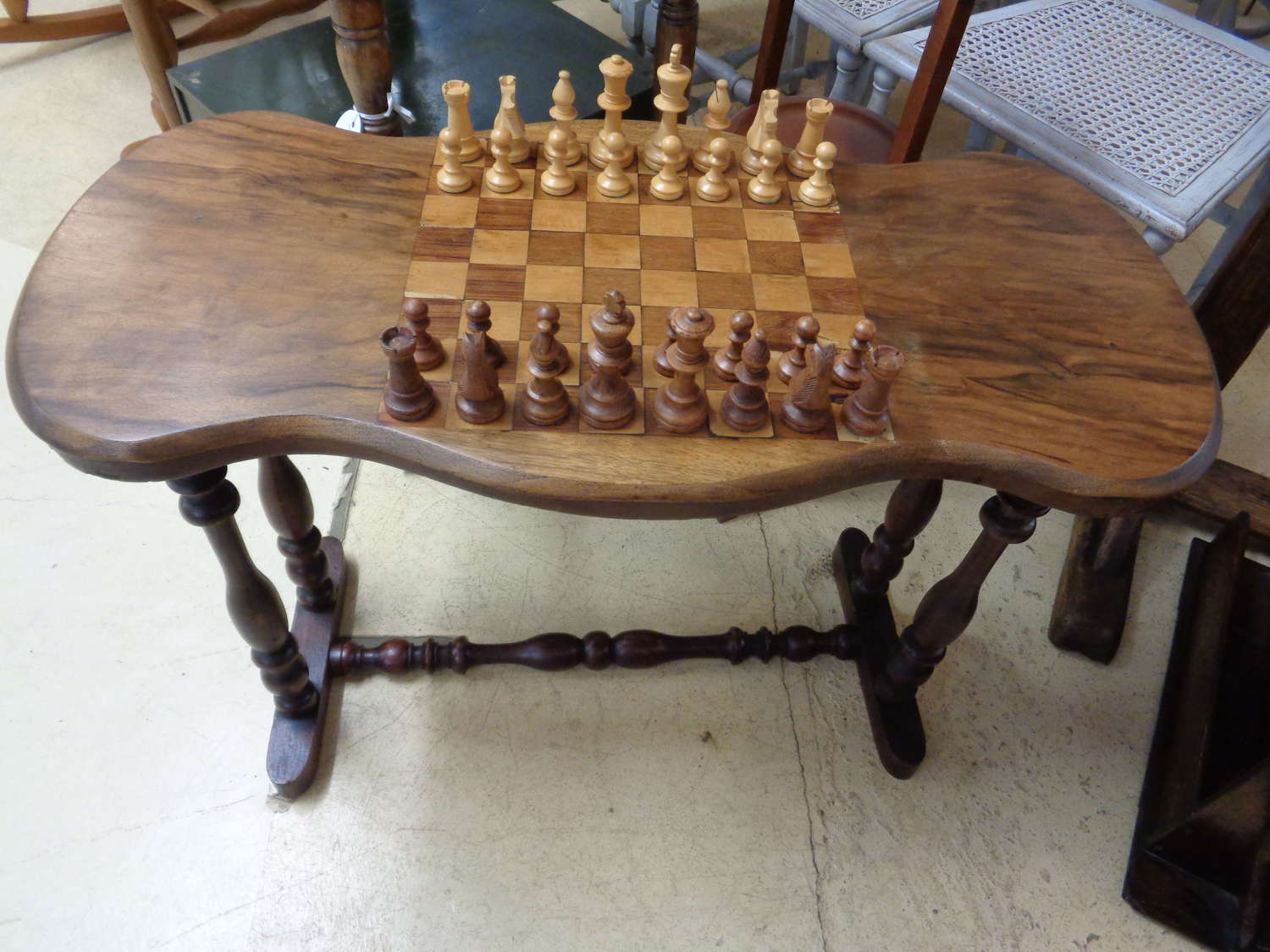 Antique Chess / Games Table with Chess Set