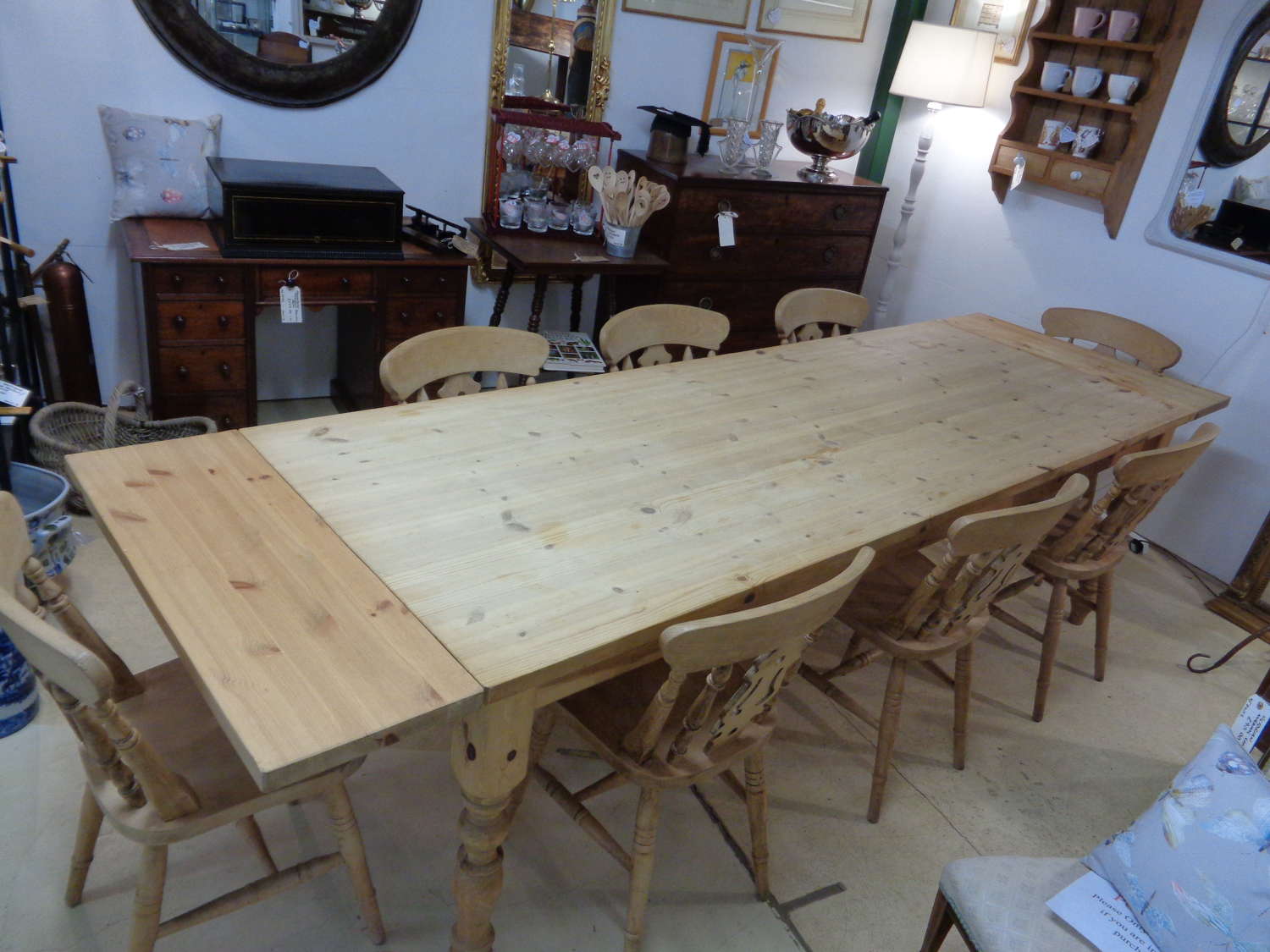 Vintage Extending Pine Kitchen - Dining Table + 8 Pine Chairs