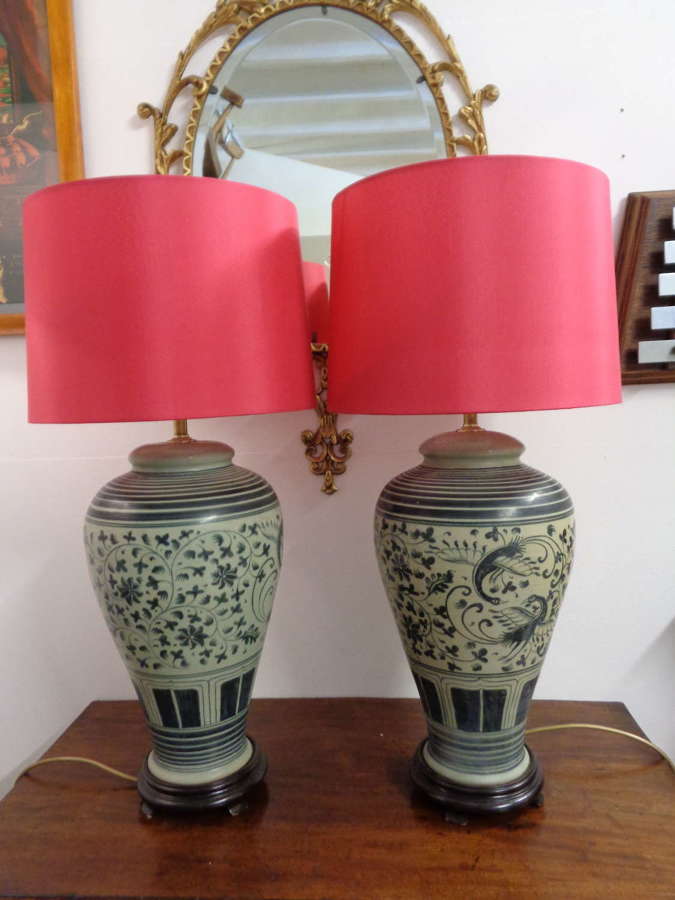 Pair Blue & White Vase Table Lamps with Shades - PAT Tested