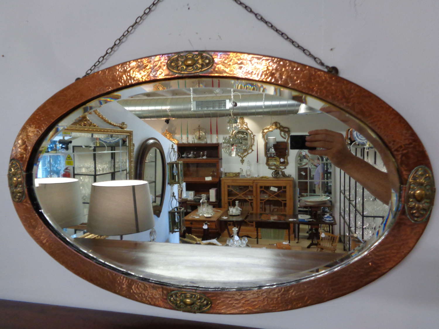 Arts & Crafts Copper & Brass Bevelled Oval Mirror