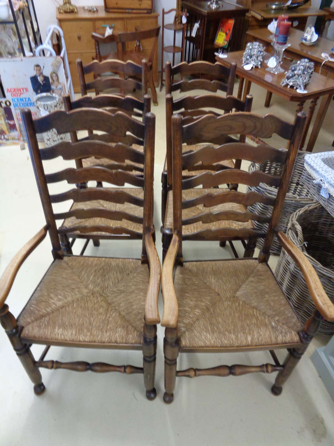 6 Antique Oak Ladder Back Chairs