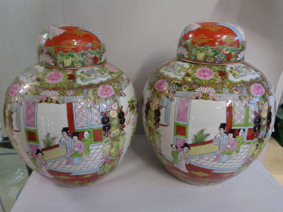 Pair Oriental Hand Painted Ginger Jars