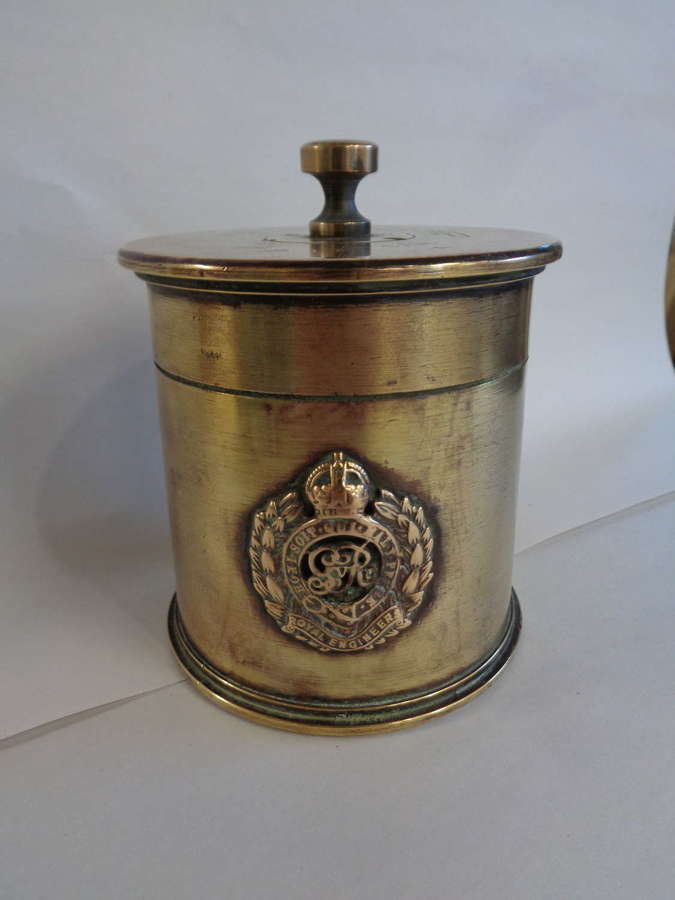 World War One - Trench Art Tobacco Jar with Lid, Royal Engineers Badge