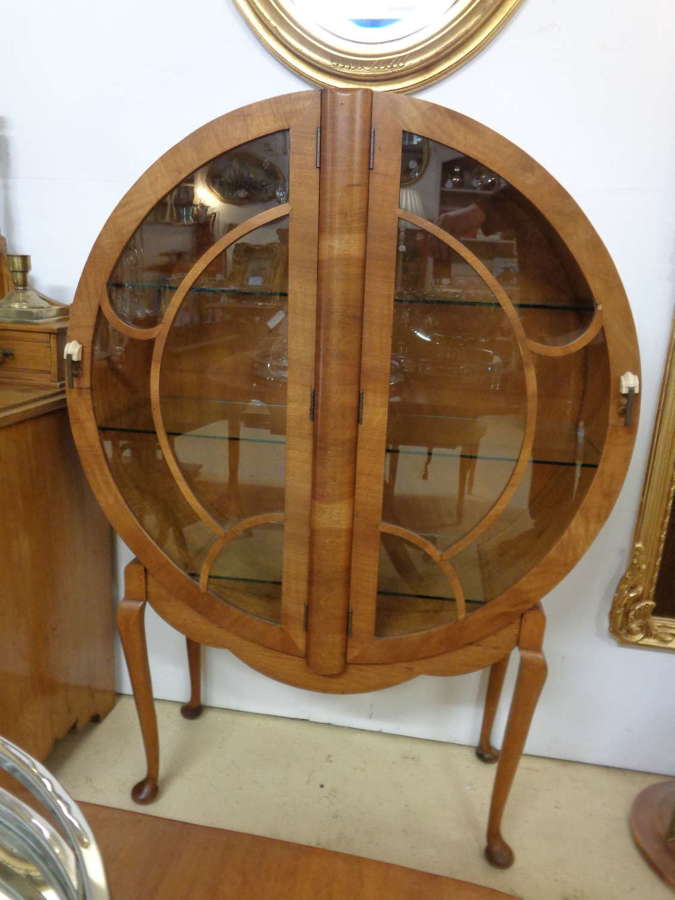 Art Deco Circular Display Cabinet - Twin Doors - 3 Glass Shelves