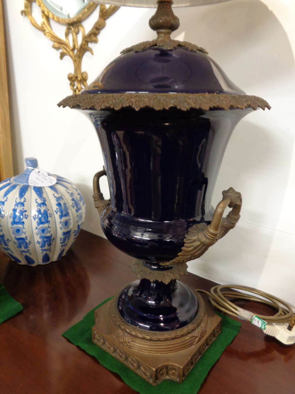 Impressive Bronze & Porcelain Lamp with Shade