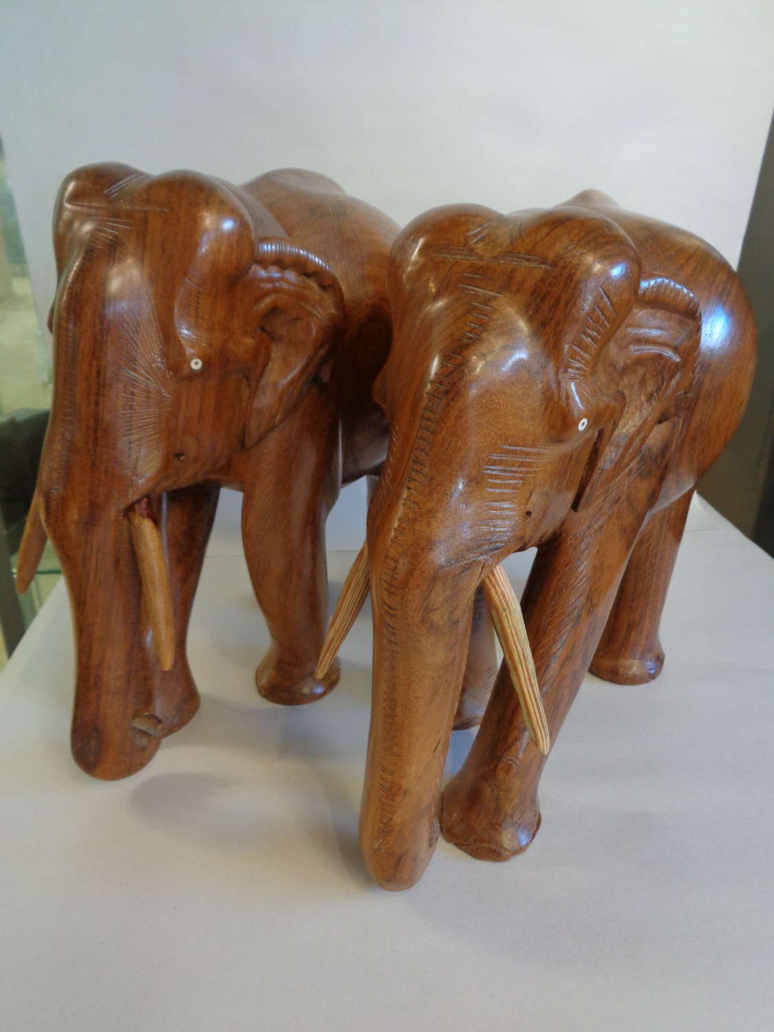 Pair Hand Carved Asian Elephants