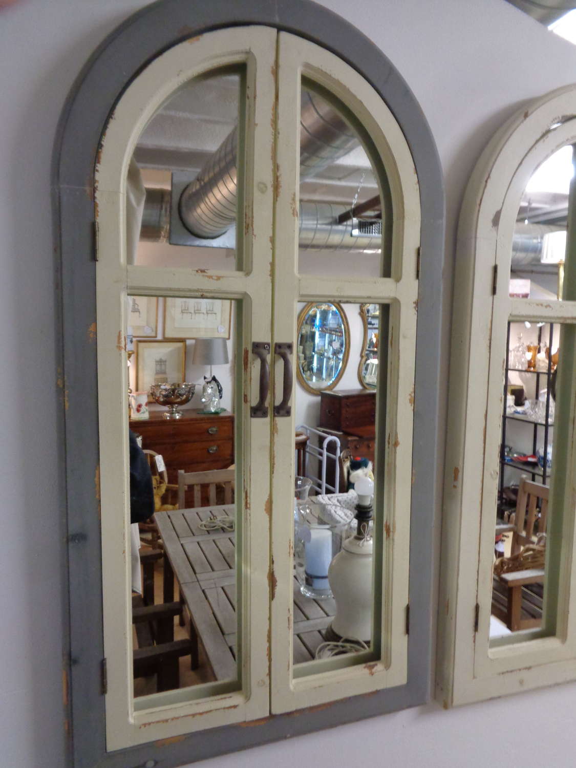 Arched Shuttered Wall Mirror - Shabby Chic - Grey/White