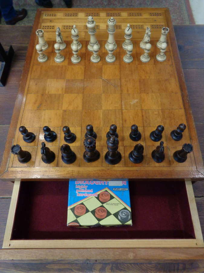 Vintage Games Box with Chess Set & Draughts