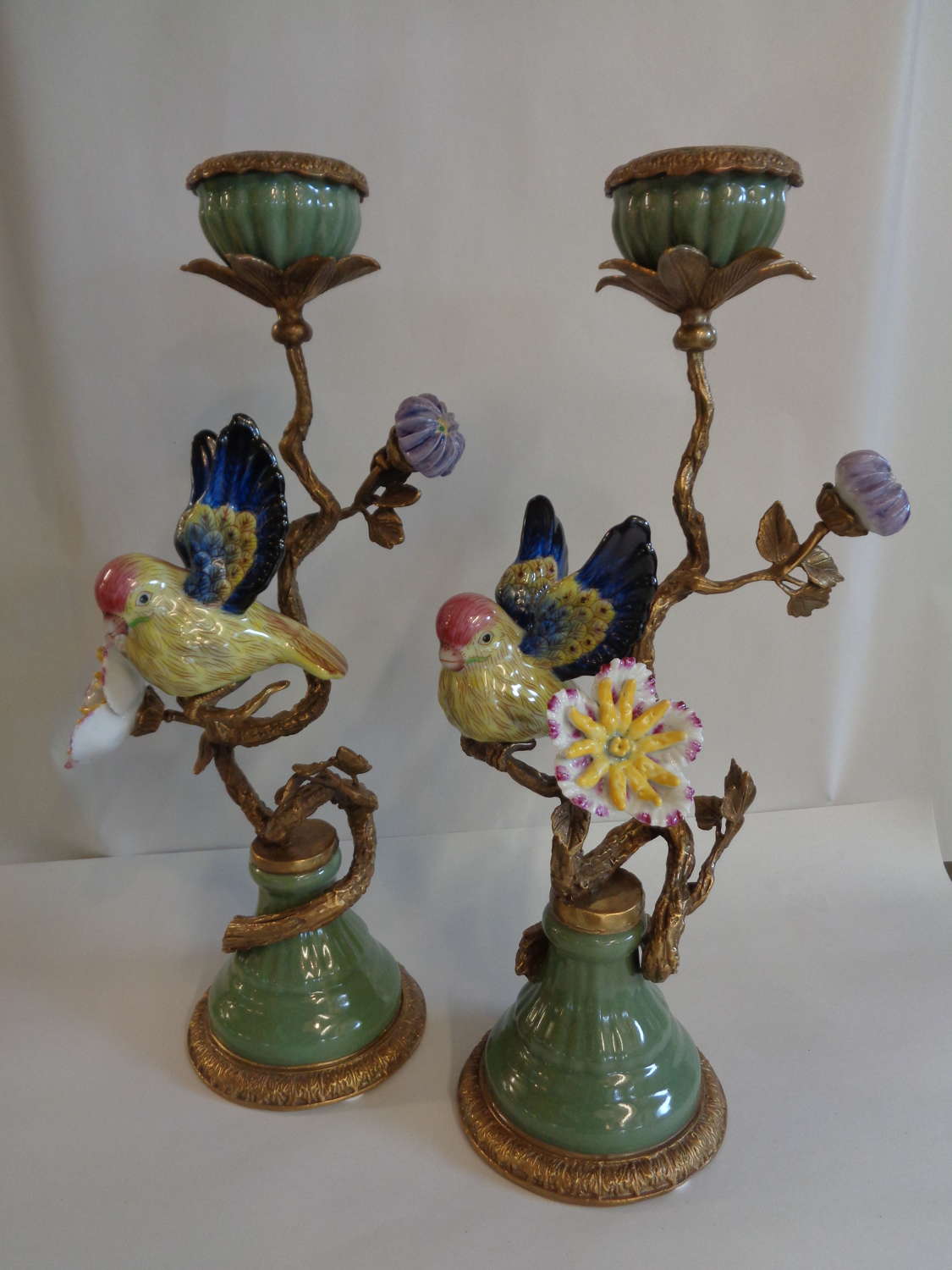 Pair Brass & Ceramic Candlesticks - 'Birds in Flight'
