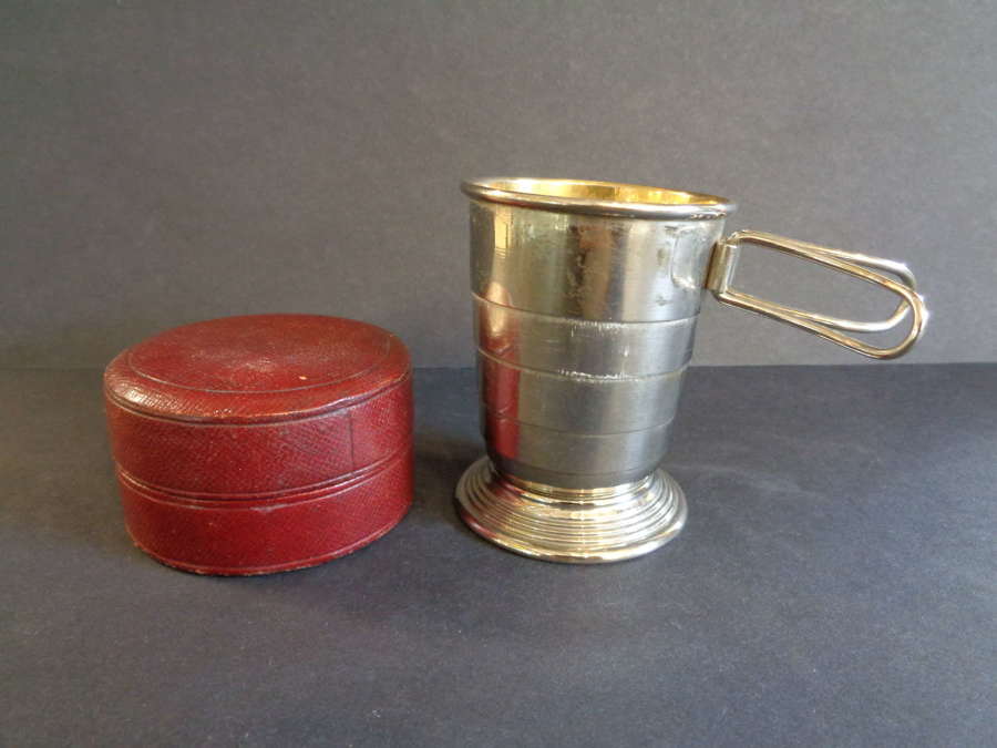 Vintage Silver Plate & Gilt Collapsible Cup in Leather Case