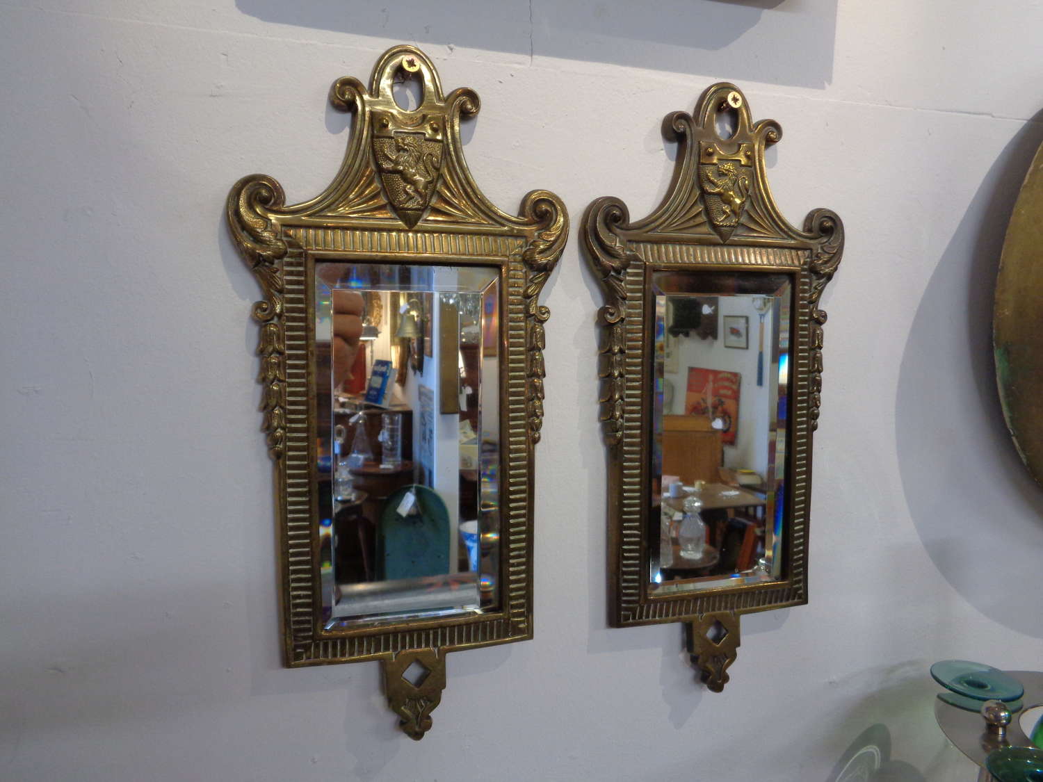 Pair Antique Brass Bevelled Mirror Wall Plaques
