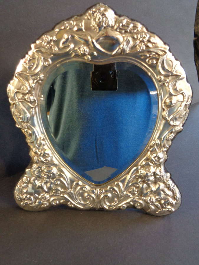 Sold Silver Framed 'Cherub' Heart Bevelled Mirror