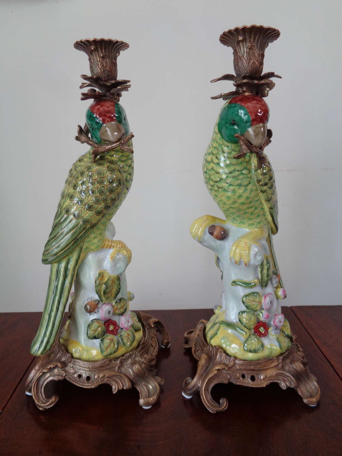 Pair Brass & Ceramic Candlesticks - 'Parakeets'