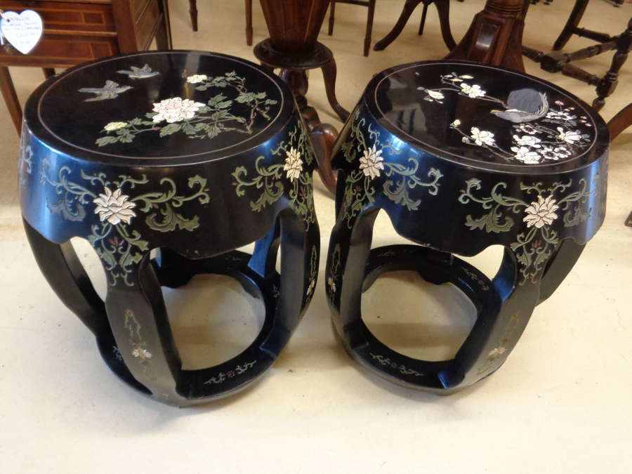 Pair Ebonised Hand Carved Chinese Stools