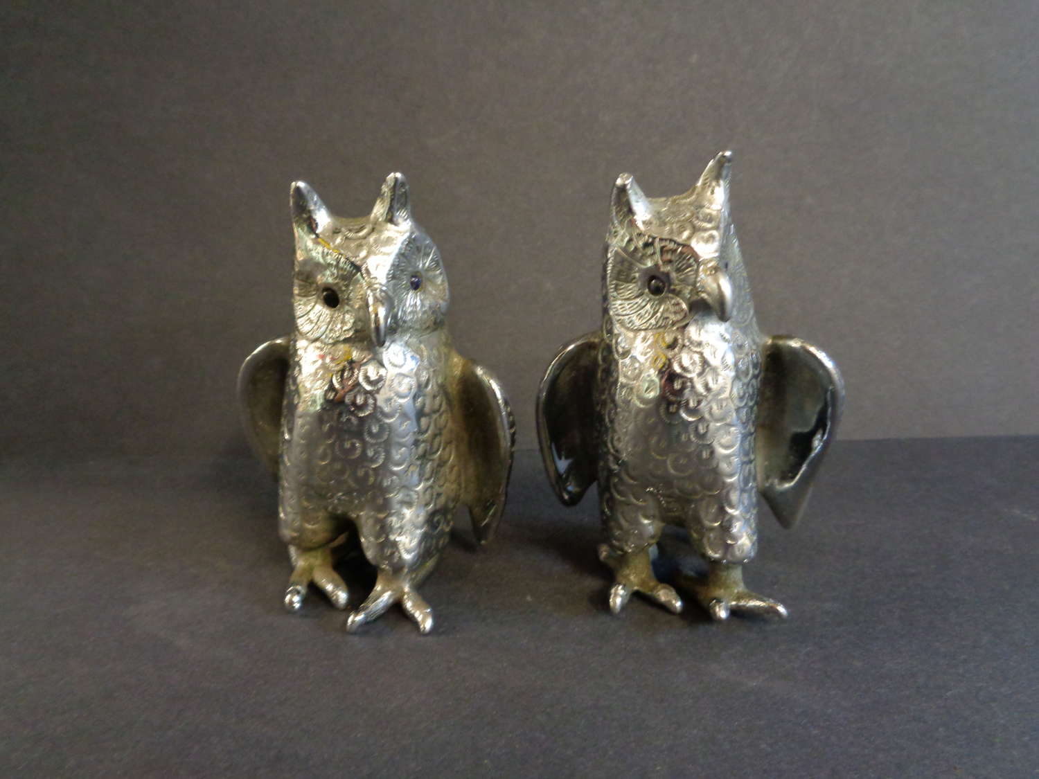 Pair Heavy Silver Plate Owl Ornaments