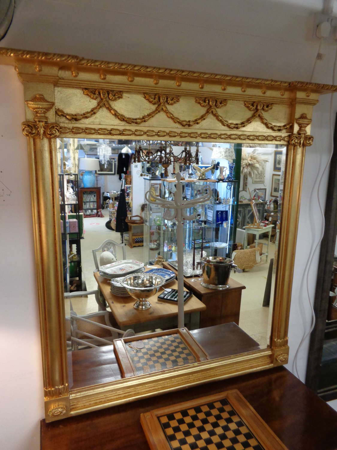 Large Gilt Overmantle Bevelled Mirror with Garland Decoration