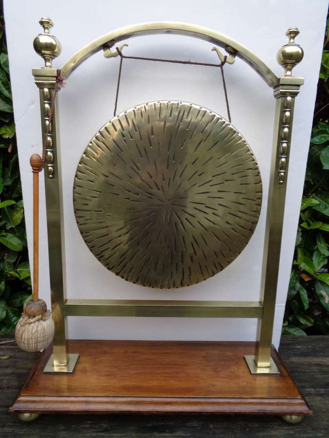 Large Art Nouveau Mounted Brass Gong with Original Gavel 72.5cms High