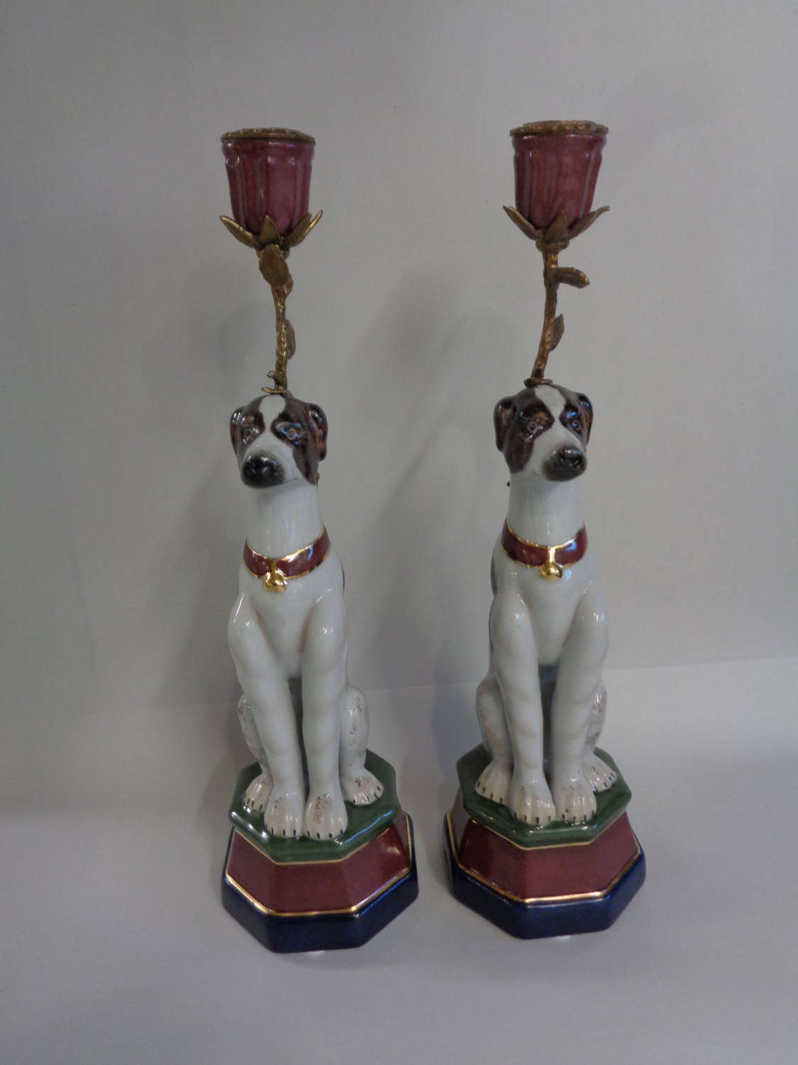 Pair Brass & Ceramic Candlesticks - 'Dogs'