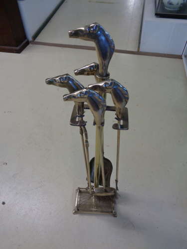 RARE Art Deco Brass 'Horse Head' Handled Fire Companion Set