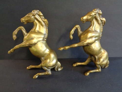 Pair Heavy Brass Rearing Horses - Bookends - Ornaments - Doorstops