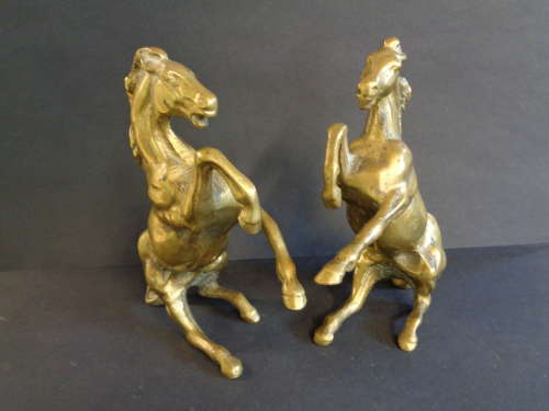 Pair Heavy Brass Rearing Horses - Bookends - Ornaments - Doorstops