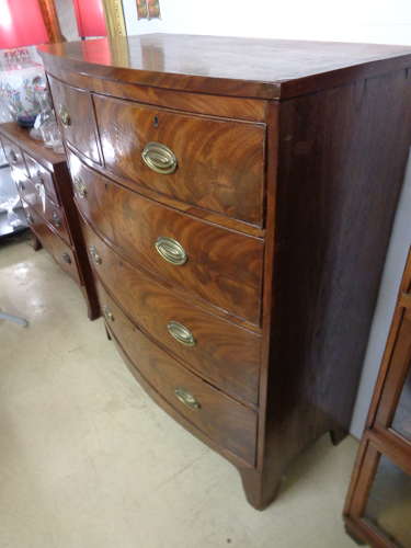 Antique Flame Mahogany Chest of Drawers - Bow Fronted