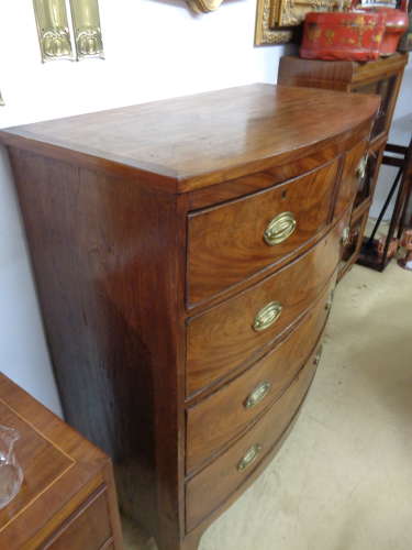 Antique Flame Mahogany Chest of Drawers - Bow Fronted