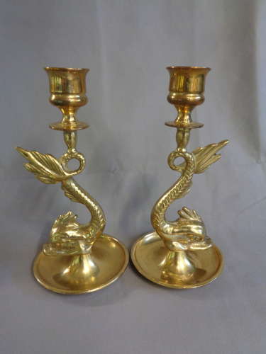 Pair Old Brass Marine / Dolphin Candlesticks