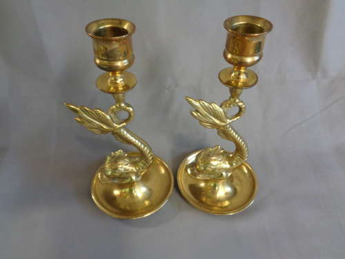 Pair Old Brass Marine / Dolphin Candlesticks