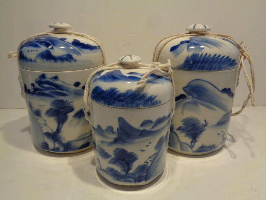 3 x Vintage Chinese Tea Canisters, Blue and White, Tea Caddies