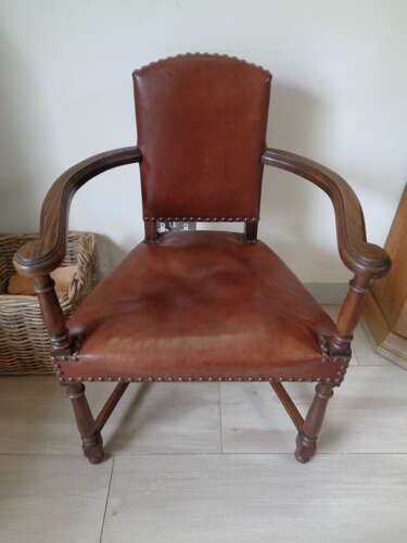 1930's Oak & Brown Leather Armchair