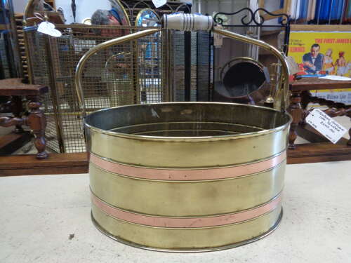 Antique Brass & Copper Coal Bucket - Porcelain Handle