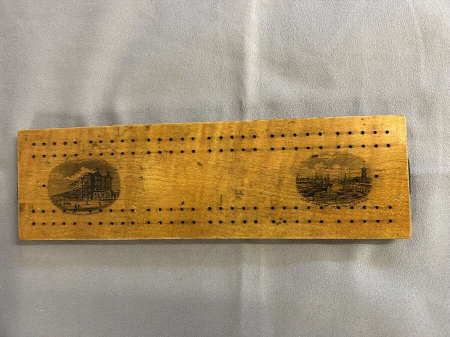 Antique Mauchline Ware Cribbage Board with Markers