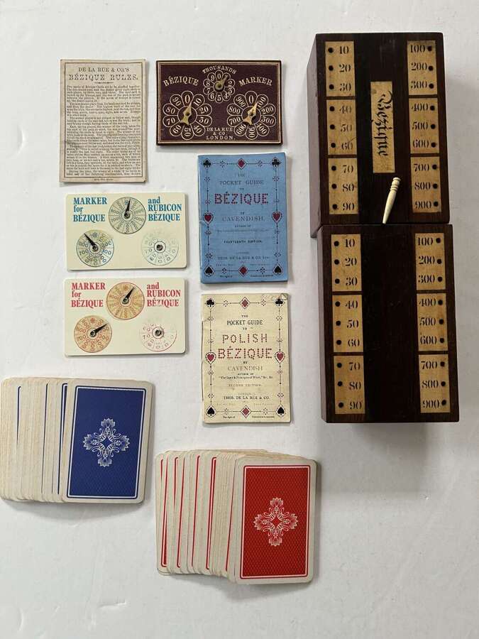Victorian Mahogany Bezique Card Game Box & Scorecards, Playing Cards Etc
