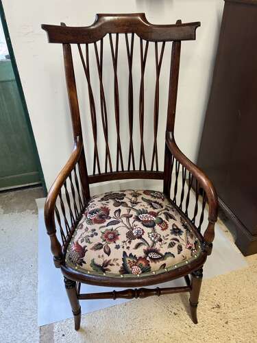 Antique Armchair with twisted cane back & sides, upholstered seat