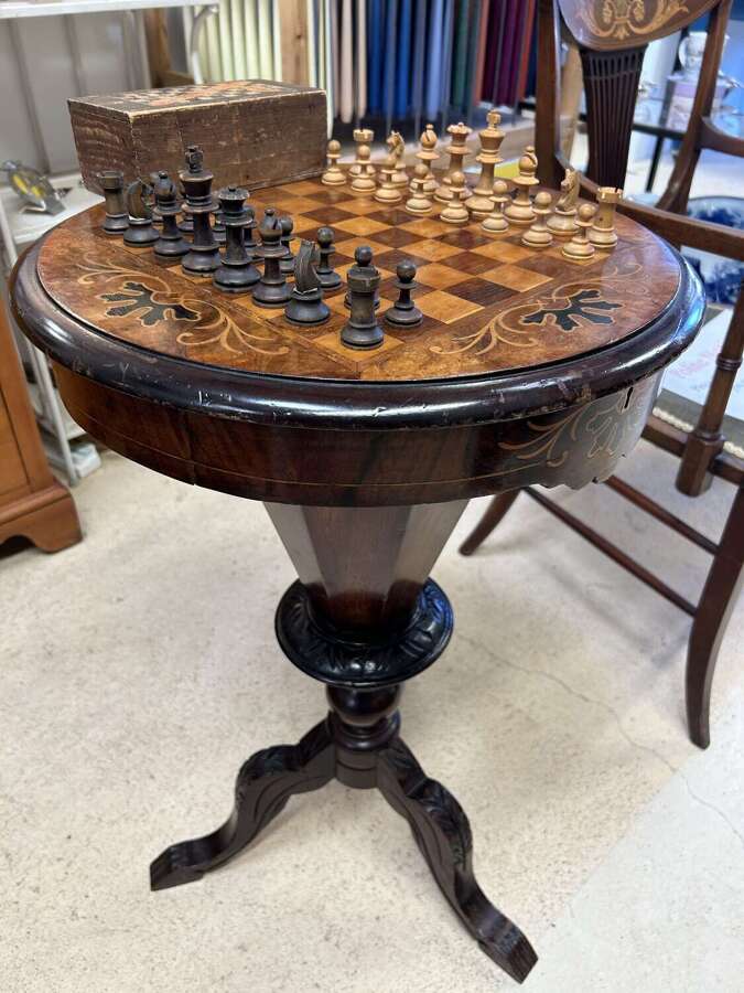 Antique Chess / Sewing Table with small chess set