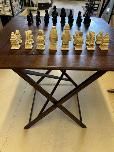 Vintage Collapsible Chess Table with Egyptian Chess Set