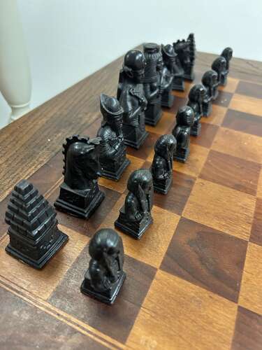 Vintage Collapsible Chess Table with Egyptian Chess Set