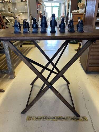 Vintage Collapsible Chess Table with Egyptian Chess Set
