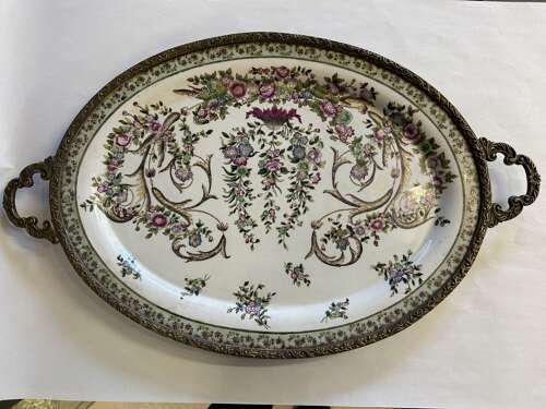 Antique Porcelain Platter encased in Brass surround with handles c1897