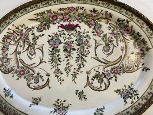 Antique Porcelain Platter encased in Brass surround with handles c1897