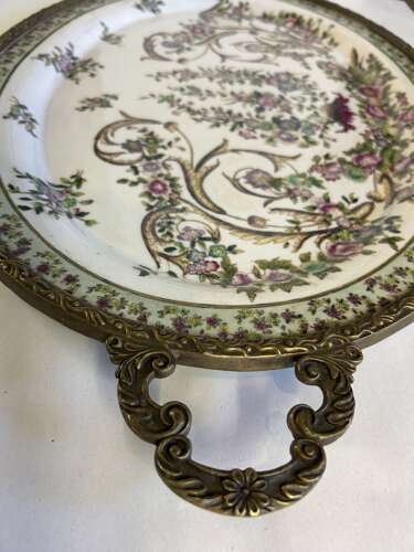 Antique Porcelain Platter encased in Brass surround with handles c1897