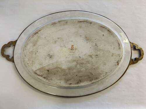 Antique Porcelain Platter encased in Brass surround with handles c1897
